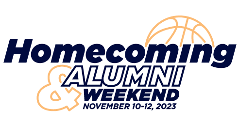 Logo for “Homecoming & Alumni Weekend” featuring a basketball graphic above the text and the dates “November 10–12, 2023” below.