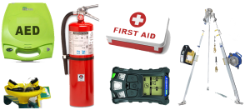 - A collection of emergency and safety equipment appears against a white background. Items include an AED, fire extinguisher, first aid kit, and emergency eyewash station. A multi-gas detector and confined-space tripod rescue system are also shown. The image highlights essential tools for workplace health and safety.