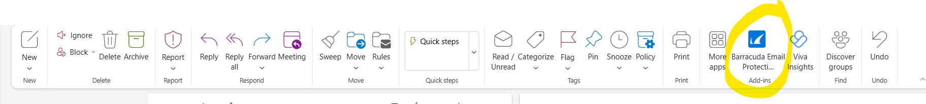 - Microsoft Outlook ribbon toolbar with the Add-ins section visible. A yellow highlight circles the “Barracuda Email Protecti…” add-in button and icon. Other ribbon controls like Reply, Forward, Rules, and Print appear across the toolbar. Image shows where to find and click the Barracuda Email Protection add-in in Outlook.