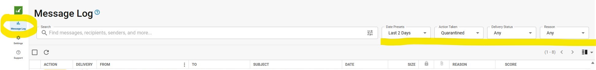 - Barracuda Email Protection dashboard showing the “Message Log” page header. Left sidebar highlights the Message Log icon and label in yellow. Search bar appears across the top for finding messages, recipients, or senders. Filter dropdowns show “Last 2 Days” and “Quarantined,” with additional status and reason filters.