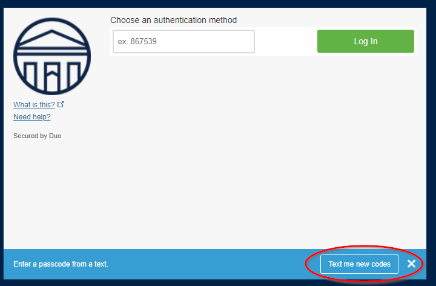 - Duo authentication screen with a passcode field and green “Log In” button at the top. Left sidebar shows the Longwood logo with “What is this?” and “Need help?” links. Blue bar at the bottom reads “Enter a passcode from a text.” “Text me new codes” button is circled in red at the lower right.
