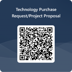 - Square graphic with a blue gradient background and rounded corners. White text reads “Technology Purchase Request/Project Proposal” near the top. A large black-and-white QR code is centered inside a white rounded rectangle. Image is designed as a scannable code linking to the purchase request or proposal form.