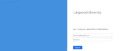 - Longwood University single sign-on login page. Fields shown for email or LancerNetID and password. Blue “Sign in” button appears below the login fields. Large blue panel fills the left side of the screen.