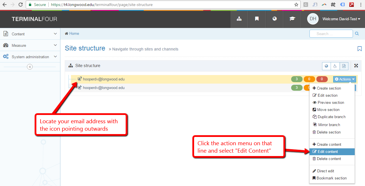 find your email address, Actions, Edit Content
