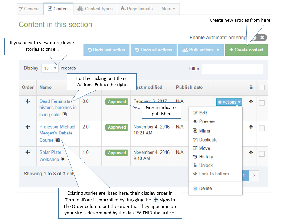 Elements of the Content tab