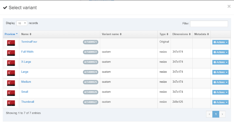 T4 Image Variants - Screenshot of a “Select variant” window in Terminal Four. Table lists image variants such as Full Width, Large, Medium, and Thumbnail. Columns include preview, name, variant type, dimensions, and actions. Each row includes an “Actions” dropdown for managing the selected variant.