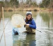 Student with a net out in a body of water
