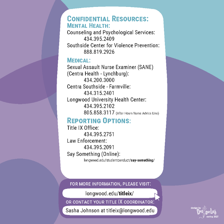 SART Image Bottom - Graphic lists confidential resources for sexual misconduct support at Longwood University. Includes Counseling Services, Southside Center for Violence Prevention, SANE, Centra, and the Health Center with phone numbers. Reporting options include the Title IX Office, law enforcement, and an online Say Something form. Footer provides longwood.edu/titleix and contact for Title IX C