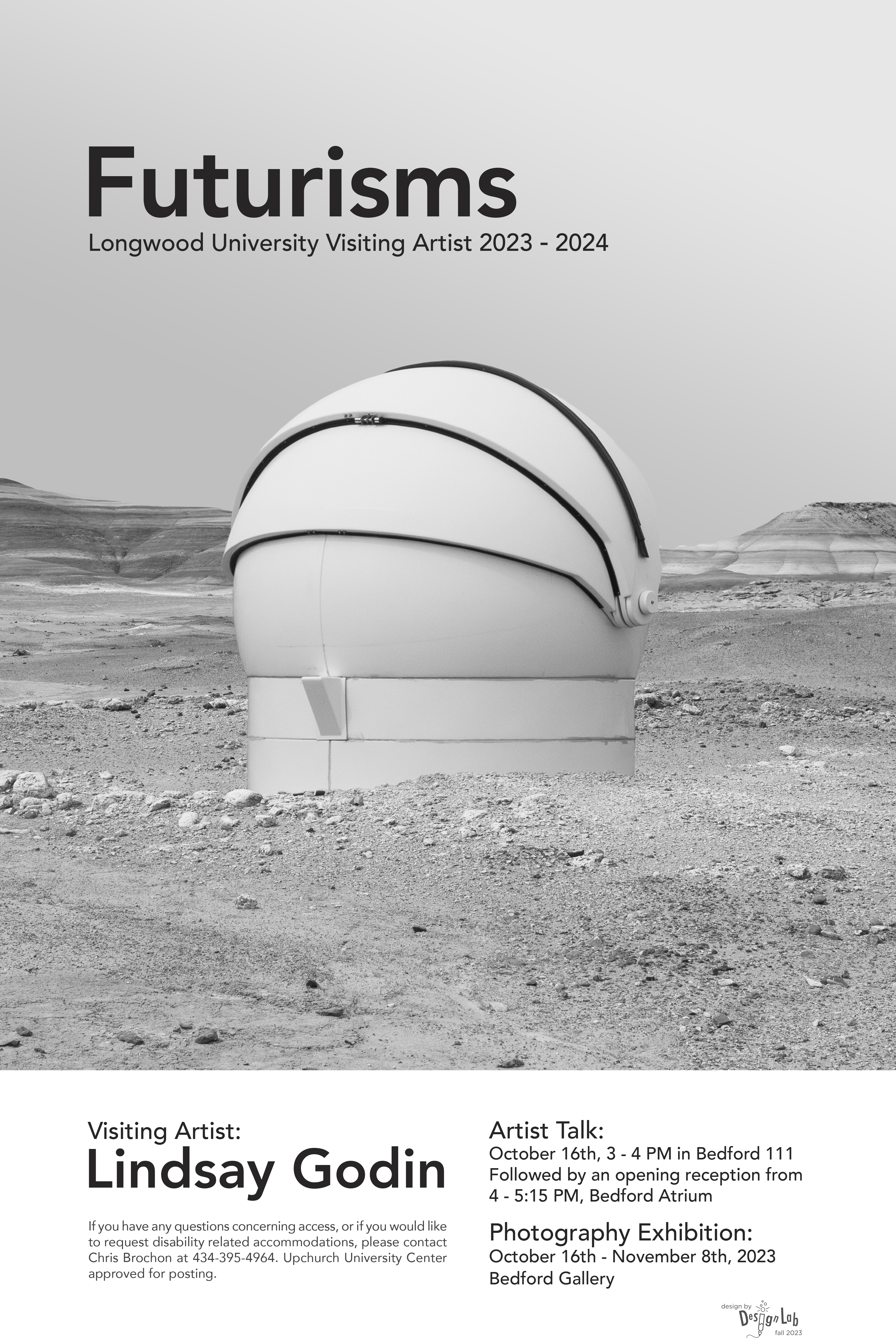 A promotional poster for “Futurisms,” the Longwood University Visiting Artist program for 2023–2024.