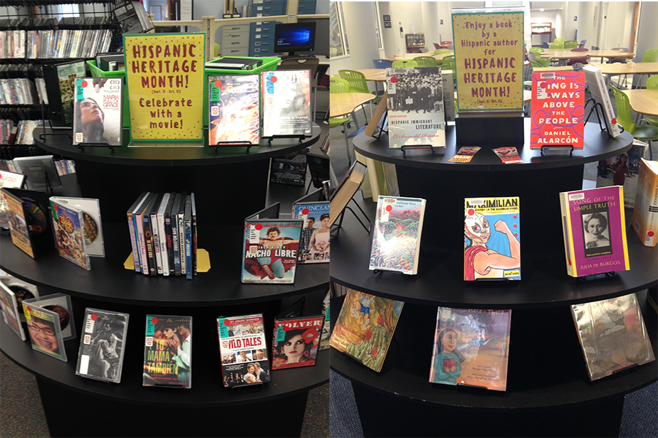 Hispanic books and dvds on display