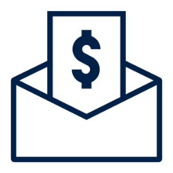 -Navy blue line icon showing an envelope with a sheet of paper containing a dollar sign emerging from it, symbolizing donations, payments, or financial correspondence.