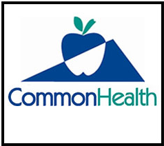 - CommonHealth logo with a stylized blue mountain. White apple icon with green leaves sits above the mountain peak. “CommonHealth” appears in blue and teal text below the icon. White background with a thin black border.