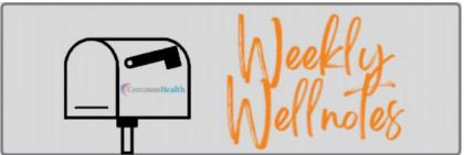 - Graphic shows an illustrated mailbox on a light gray background. CommonHealth logo appears on the side of the mailbox. Text reads “Weekly Wellnotes” in orange script lettering. Wide banner-style design suggesting a newsletter or update.