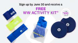 - Sign-up promotion for a free WW Activity Kit by June 30. Image shows resistance bands, a “Sweat it out” drawstring bag, and two blue WW sliders. Text includes “FREE WW ACTIVITY KIT+” and “over $100 value.” WW branding appears on the equipment.