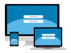 - Illustration of a login screen displayed on multiple devices. A desktop monitor, laptop, and smartphone show fields for “Username” and “Passphrase.” Blue gradient backgrounds suggest a secure sign-in interface.
