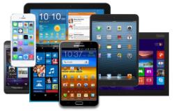 - Collage of multiple mobile devices, tablets, and a laptop. Screens show different app home screens and operating systems.