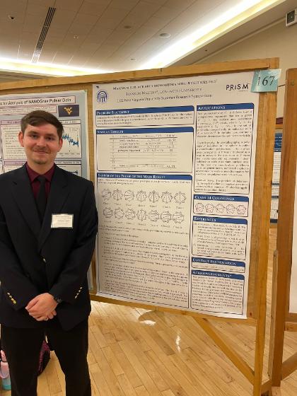 - A student stands beside a mathematics research poster at a conference. The poster is titled “Maximum Surface Area Monohedra with 8 Vertices in S².” Diagrams and equations illustrate geometric proofs and results. He poses in a suit while presenting his research at an academic symposium.