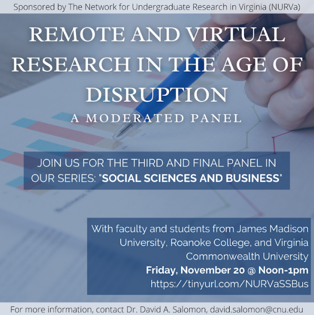 - Graphic promoting a virtual panel on research in social sciences and business. Headline reads “Remote and Virtual Research in the Age of Disruption.” Includes event details for Friday, November 20 from noon to 1 pm with participating universities. Background shows a hand holding a pen over charts and graphs.