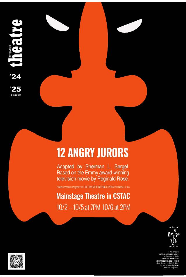 12 Angry Jurors Poster - Poster for Longwood Theatre 2024–2025 season production of 12 Angry Jurors. Adapted by Sherman L. Sergel, based on the television movie by Reginald Rose. Performances October 2–5 at 7 p.m. and October 6 at 2 p.m. in the Mainstage Theatre in CSTAC. Design features a bold orange silhouette of a knife forming a juror-like shape on a black background.